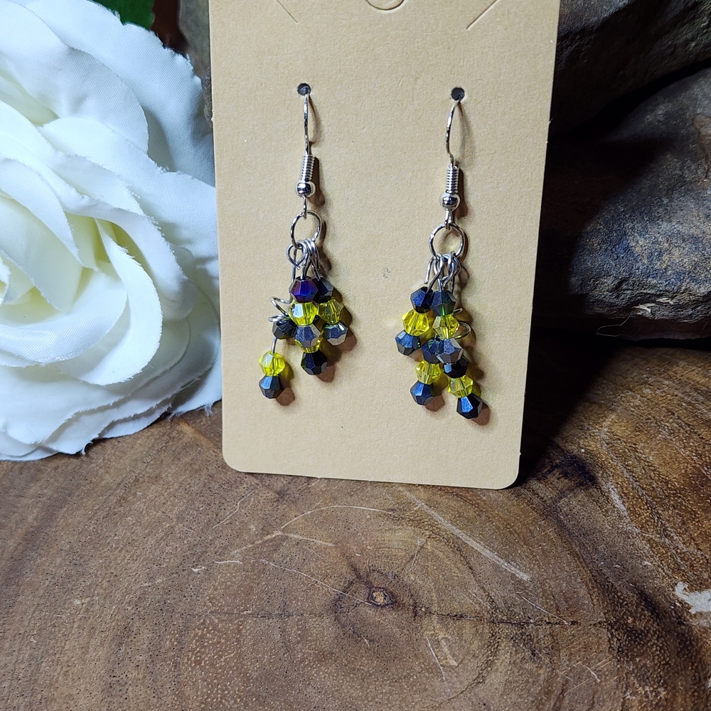Hand Crafted Yellow and Iridescent Cluster Drop Earrings